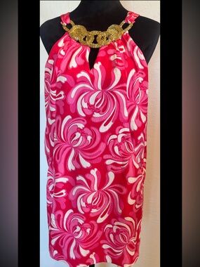 Lilly Pulitzer SZ 2 Calissa Pink  White Floral Boho Gold Bead Halter Shift Dress